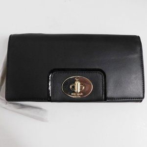 New Kate Spade Turnlock Mara Hampton Road Black Leather Clutch Wallet‎